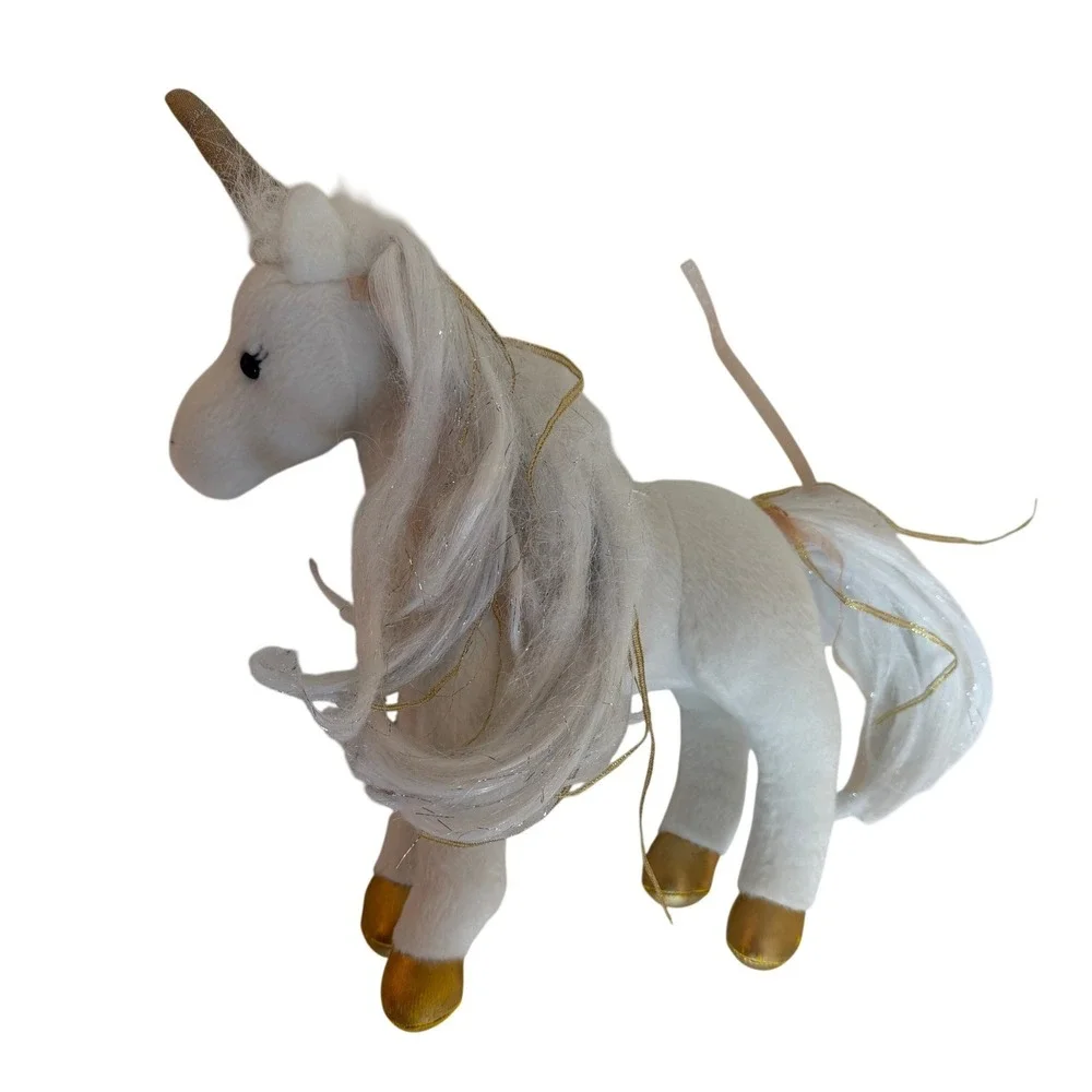 Douglas Cuddle Toy White Unicorn Plush Gold Horn Hooves Sparkle 12in